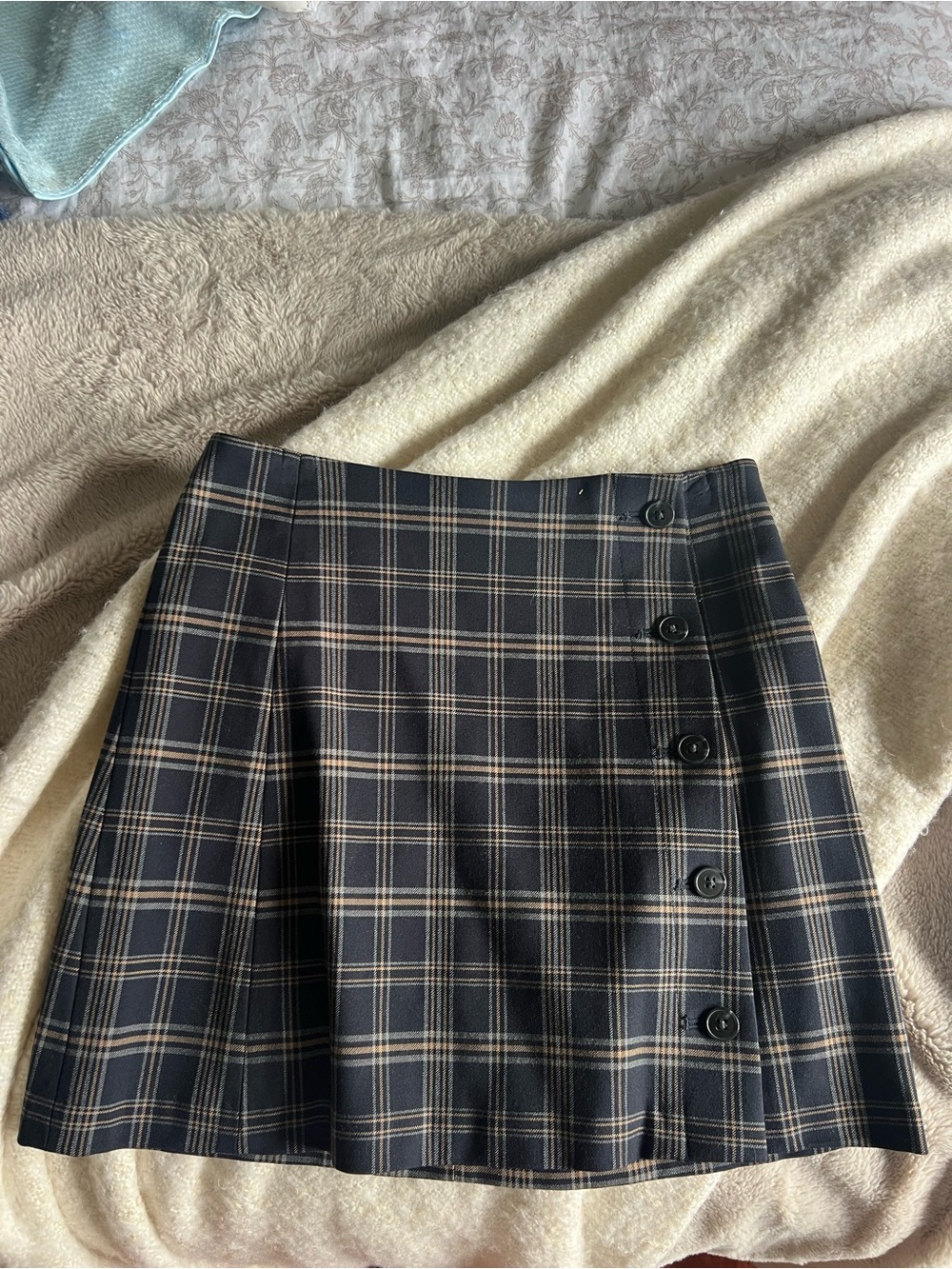 Sunday Best Navy and Tan Plaid Button Mini Skirt